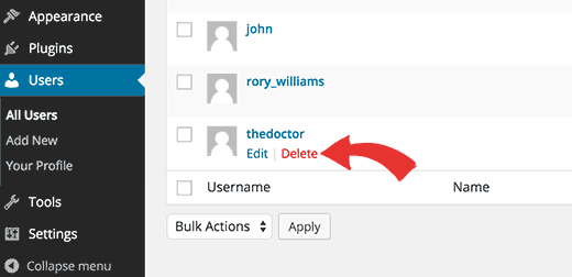 Deleting a user in WordPress