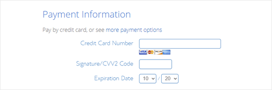 Enter your payment details to sign up for the Bluehost deal
