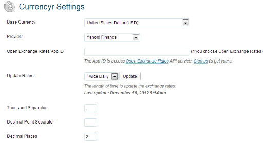 Currencyr Settings Page