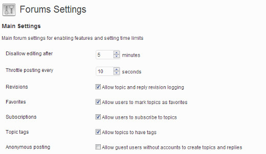 bbPress forums settings page