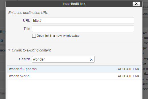 Search and add affiliate links in text editor