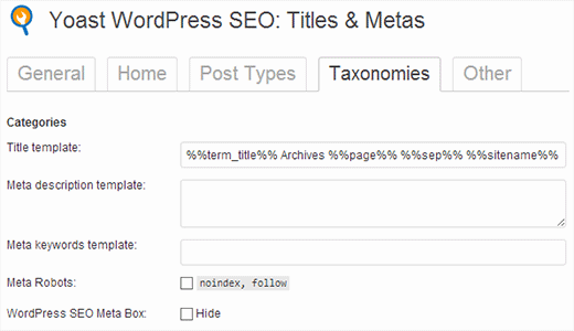 Yoast WordPress SEO - Taxonomies title and meta settings