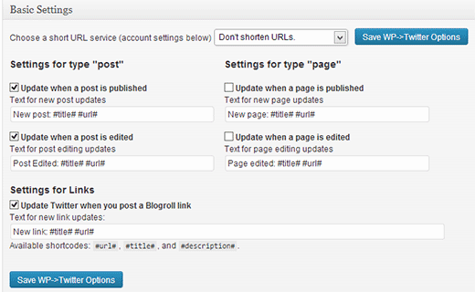 Configuring WP to Tweet settings