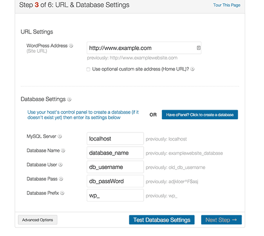 Database and URL settings section Database and URL settings section