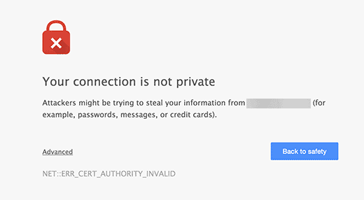 Google Chrome showing warning about an unsecure connection