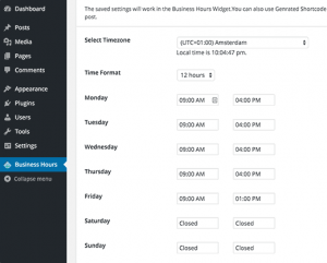 Business Hours settings page Business Hours settings page