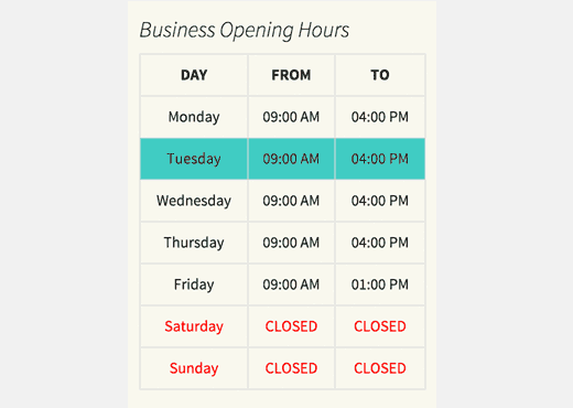 Preview of opening hours table on a WordPress site