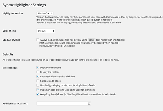 Syntax Highlighter settings page