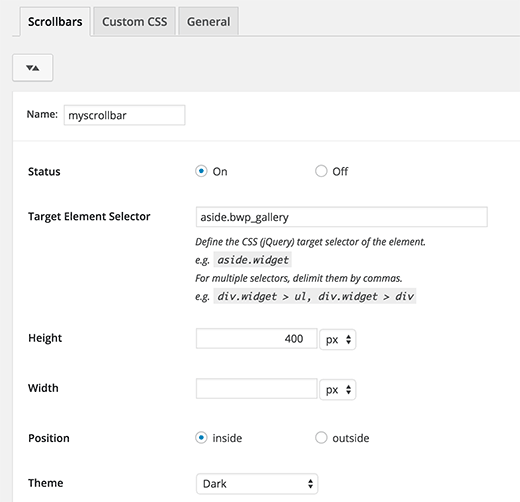 Custom Scrollbars settings