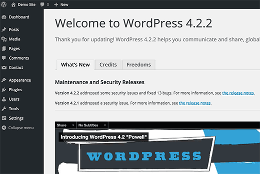 WordPress post installation welcome screen