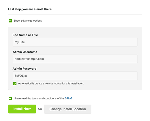 WordPress installation settings in MOJO Marketplace WordPress installation settings in MOJO Marketplace