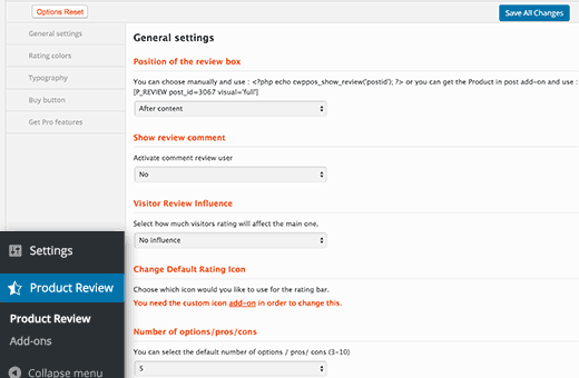 WP Product Review settings page WP Product Review settings page
