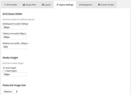 Grid layout settings