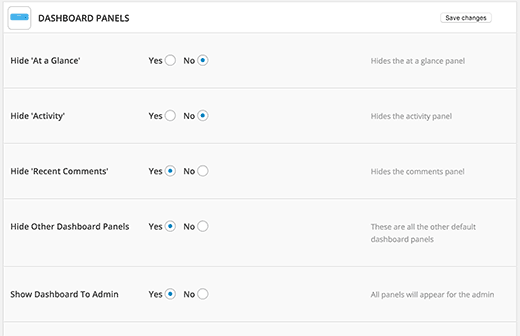 show or hide different admin panels from dashboard screen