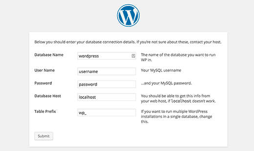 Enter your database information for WordPress installation