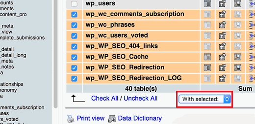 Deleting unwanted database tables using phpMyAdmin