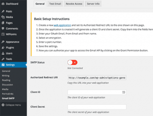 Gmail SMTP plugin settings page Gmail SMTP plugin settings page