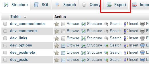 phpMyAdmin Export Button phpMyAdmin Export Button