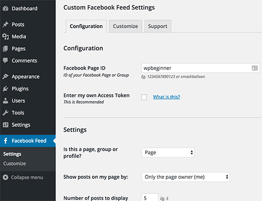 Custom Facebook feed settings Custom Facebook feed settings