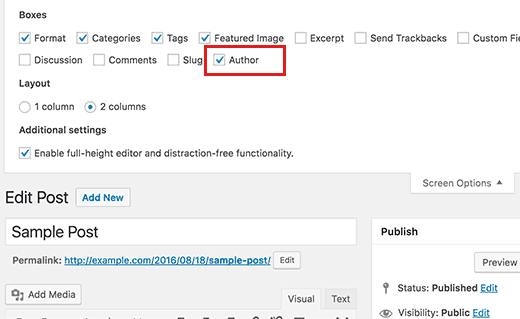 Enable author box on posts screen