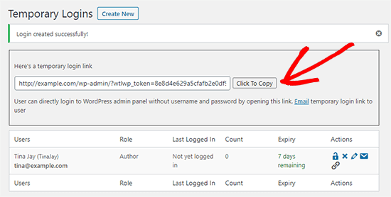 Click to copy the temporary login URL.
