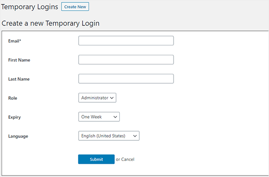 Adding a new temporary account in WordPress