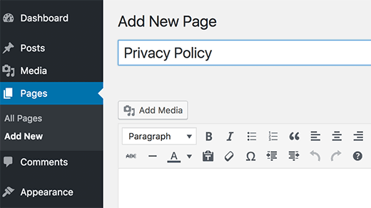 Creating a new privacy policy page in WordPress