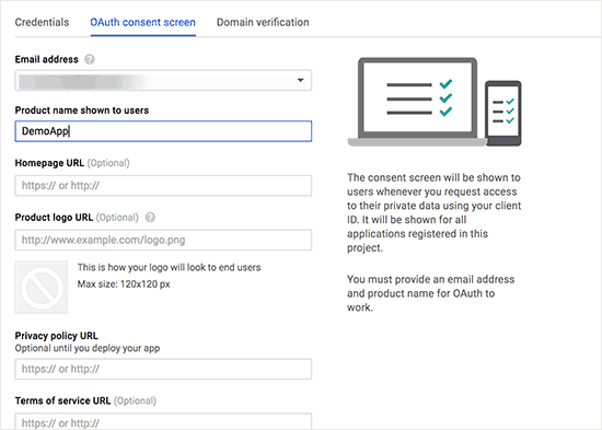 Consent screen setup