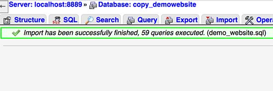 Successfully imported WordPress database