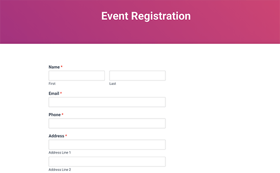 Event registration form preview