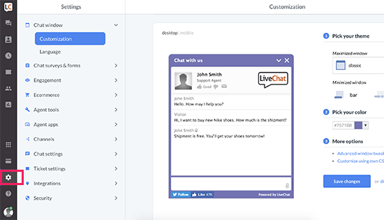 LiveChat settings
