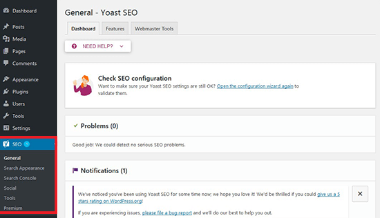 Yoast SEO menu