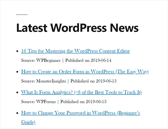 RSS News Feed in WordPress Site Demo