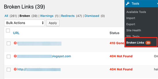 Broken Links Report in WordPress