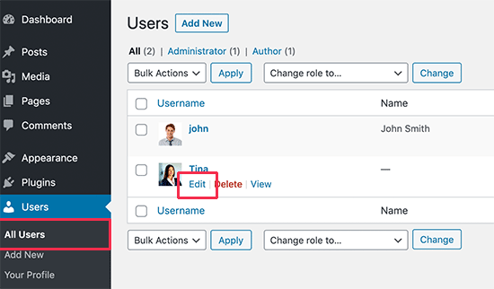 Editing a user profile 