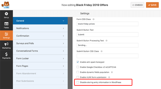 Disable Entry Storing on WPForms