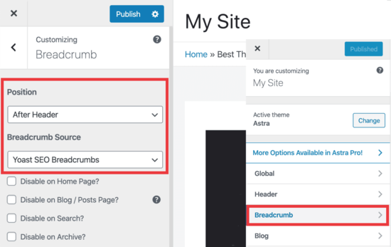 Yoast SEO beadcrumbs settings