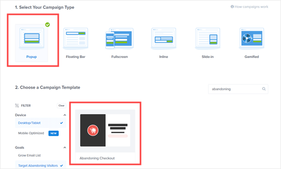 Select a popup campaign then choose your template for your cart abandonment popup