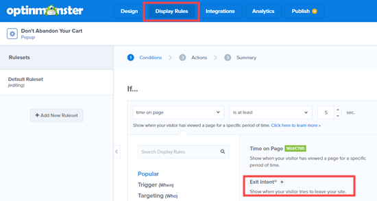 Setting up an exit intent display rule in OptinMonster