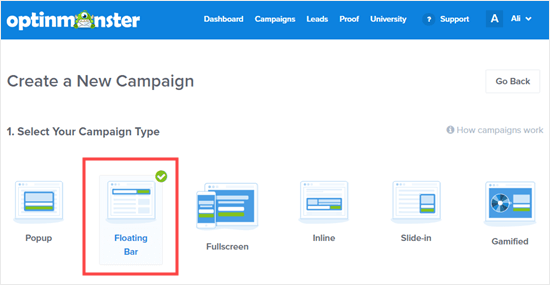 Pick the Floating Bar campaign type for your alert bar