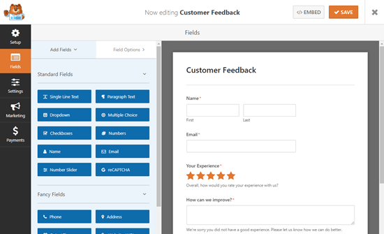 The Survey template in the WPForms editor