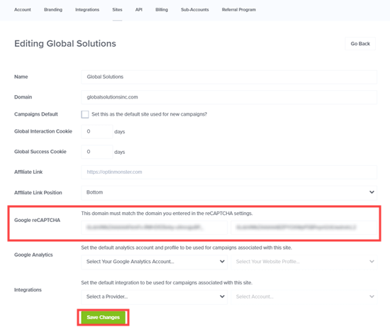 Enter your Google reCAPTCHA details into OptinMonster