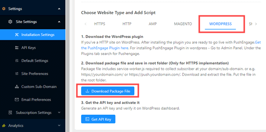 Downloading the package file for WordPress