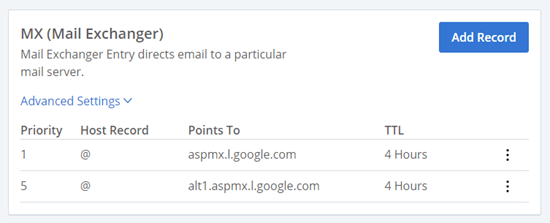 The changed MX records in the Bluehost list