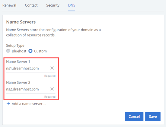 Using custom nameservers for your Bluehost domain