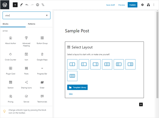 The blocks from Gutenberg Blocks and Template Library by Otter shown in the block editor