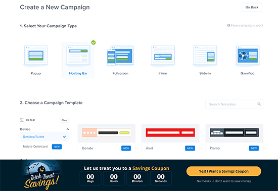 OptinMonster floating coupon bar