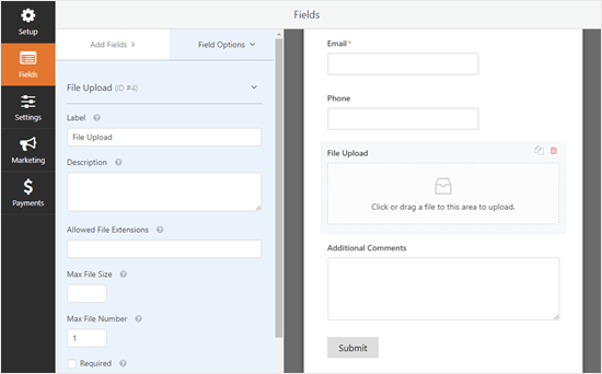 Editing the file upload field in WPForms