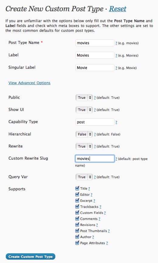 Custom Post Types UI Options