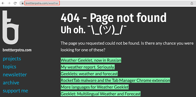 An example of a custom 404 error page